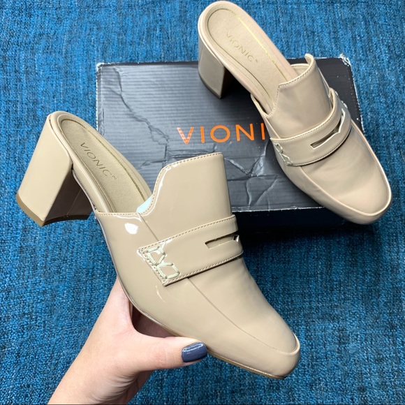 Vionic Shoes - Vionic Plaza Annabel Patent Leather Slip On Heeled Mules in Sand